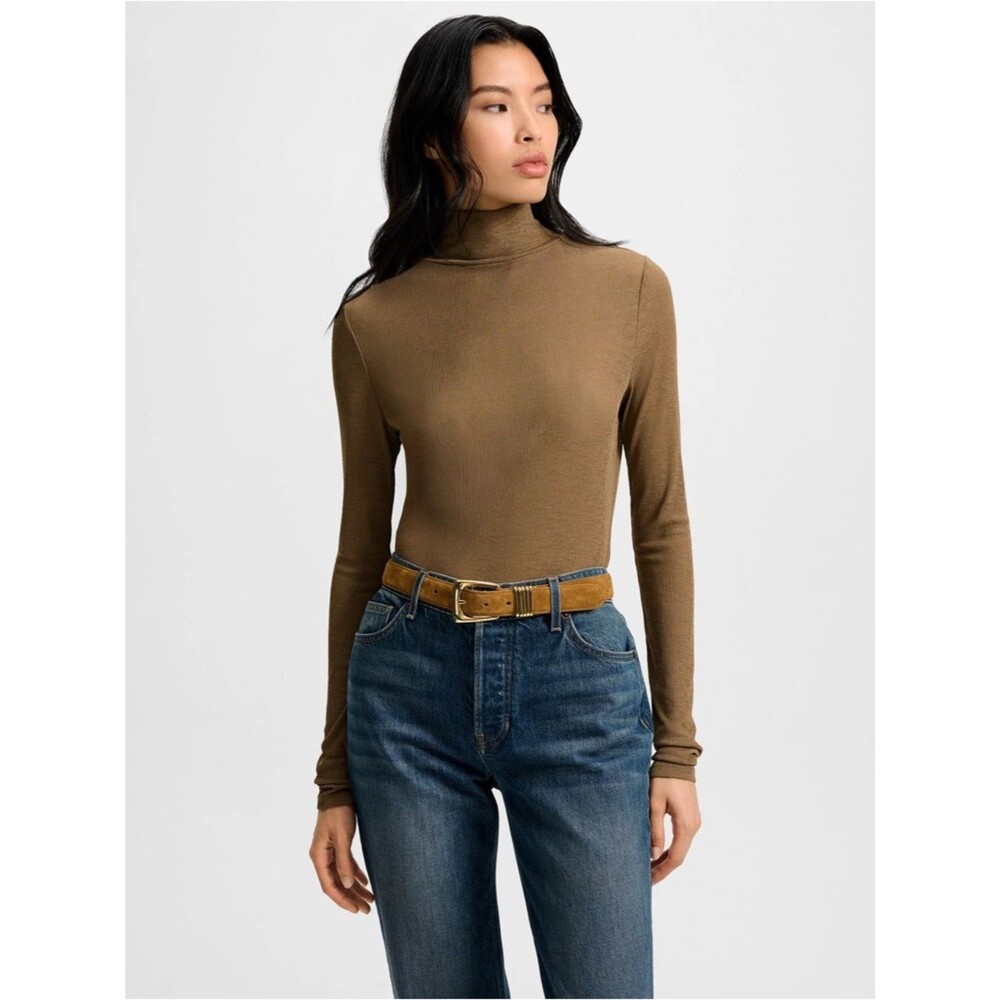 Veronica Beard Wyeth Ribbed Turtleneck Top in Lichen